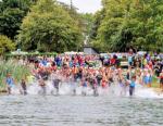 Beginn des Wettkampfes mit  500m Schwimmen für die Sprintdistanz. Die Teilnehmer der Olympischen Distanz hatten 1,5 km im Wasser zu absolvieren. 