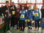 J&ouml;rg Sch&auml;per, Andreas Otto, Katrin Krebs, Sabine B&ouml;rner, Matthias Lampe, Petra Becker und Jens-Uwe B&ouml;rner (v.l.) verst&auml;rkten kr&auml;ftig die Reihen der Teilnehmer auf der 3000m Strecke in Wolmirsleben am 29. 12.